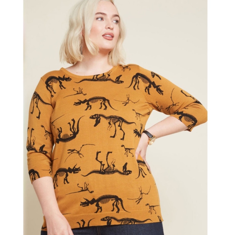 Modcloth mustard gold dinosaur fossil sweater nwot